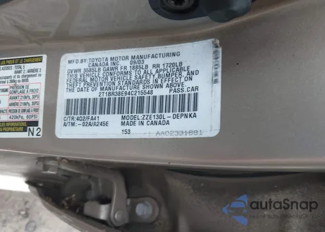 2004 Toyota Corolla Le из США, поврежденный, VIN 2T1BR38E94C215548